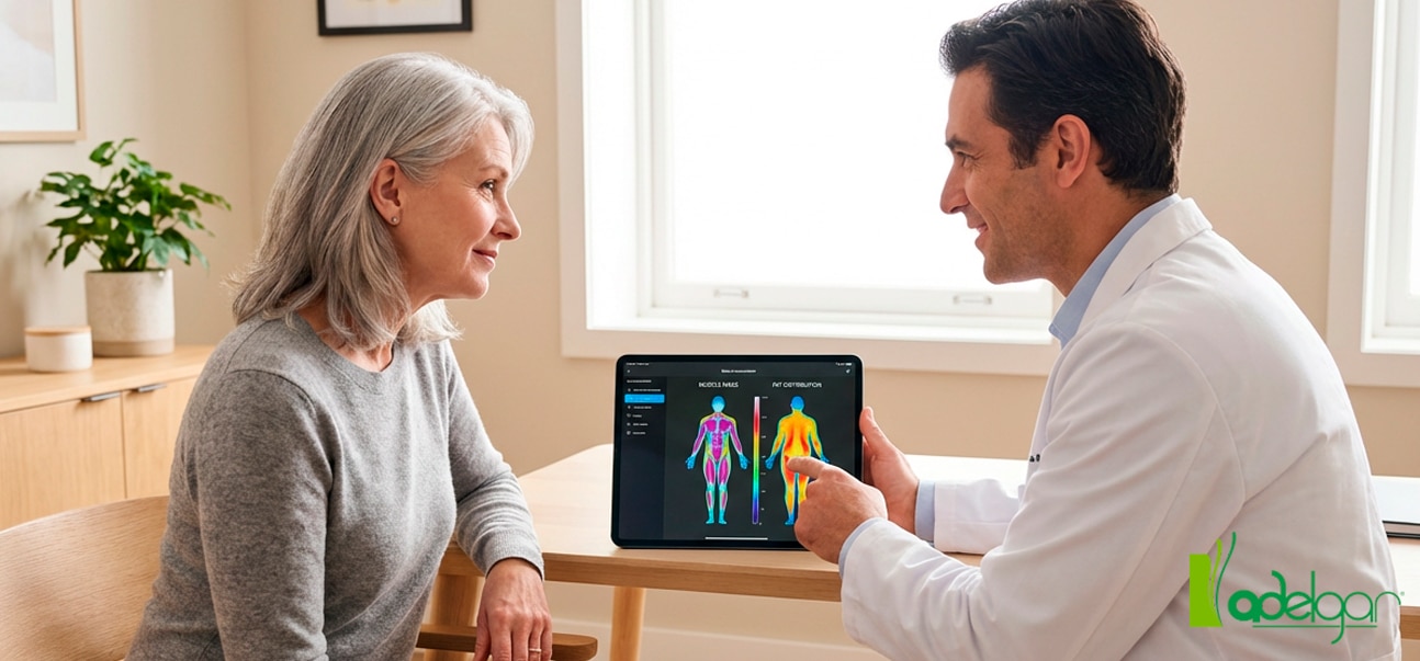 Análisis de composición corporal en consulta médica para evaluar grasa y masa muscular. Clínica Adelgar, tu clínica de adelgazamiento y cirugía estética en Madrid.